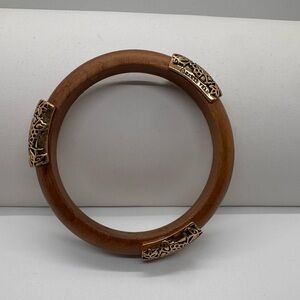 Barse Thai wooden bangle bracelet with gold-tone decorative panels